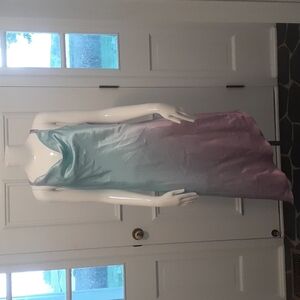 Je T’Adore Satin Ombre Slip Dress Teal Pink Cowl Neck Strappy Back Midi SIZE M